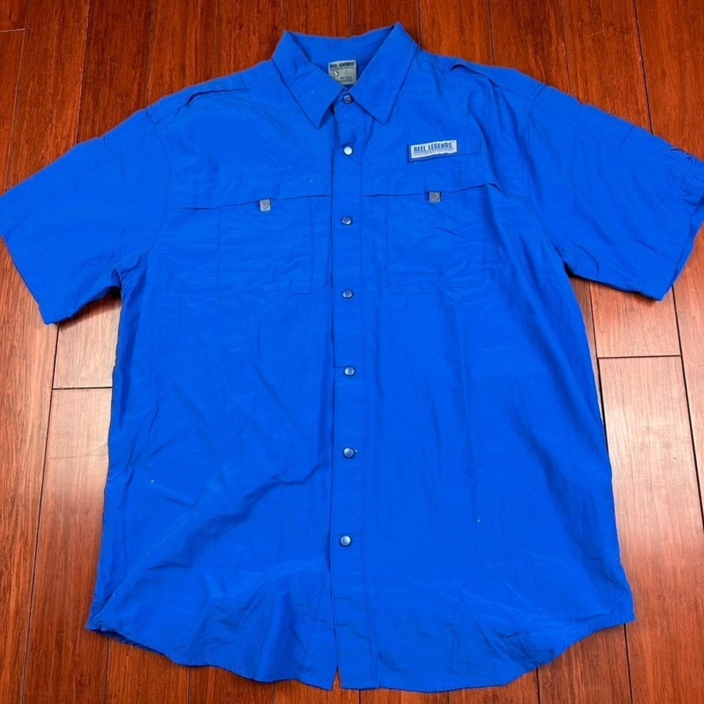 Reel Legends Saltwater Shirt Mens L Blue Short Sleeve Fishing Button Down Vented